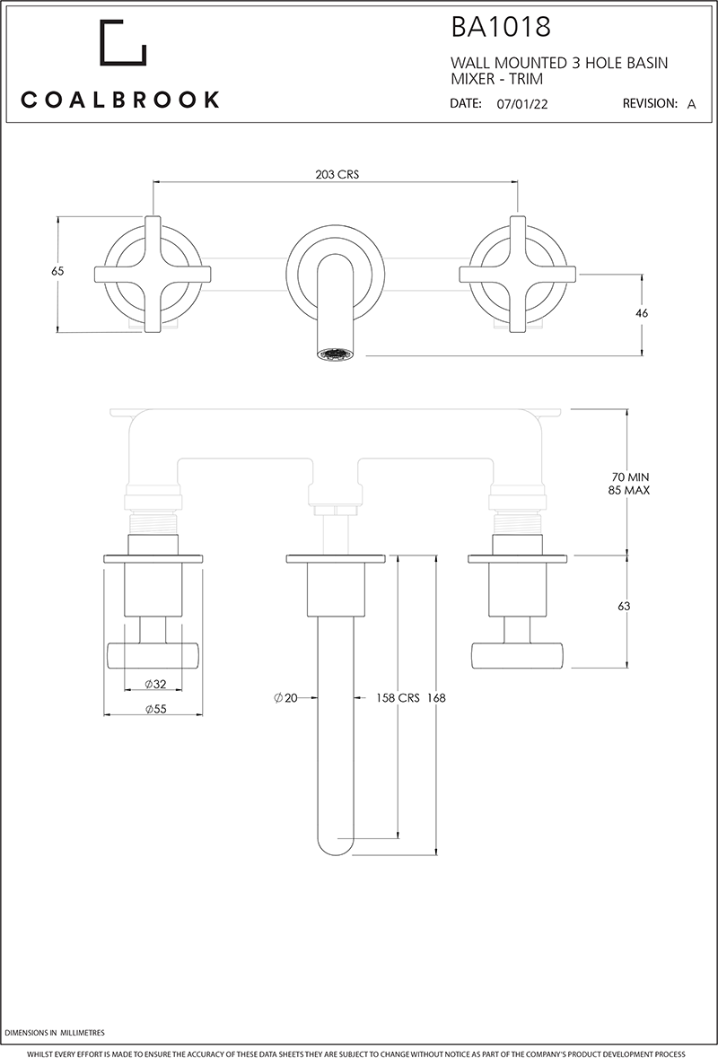 Coalbrook Bank 3TH Wall Mounted Basin Mixer with Boss (165mm Spout) BA1018
