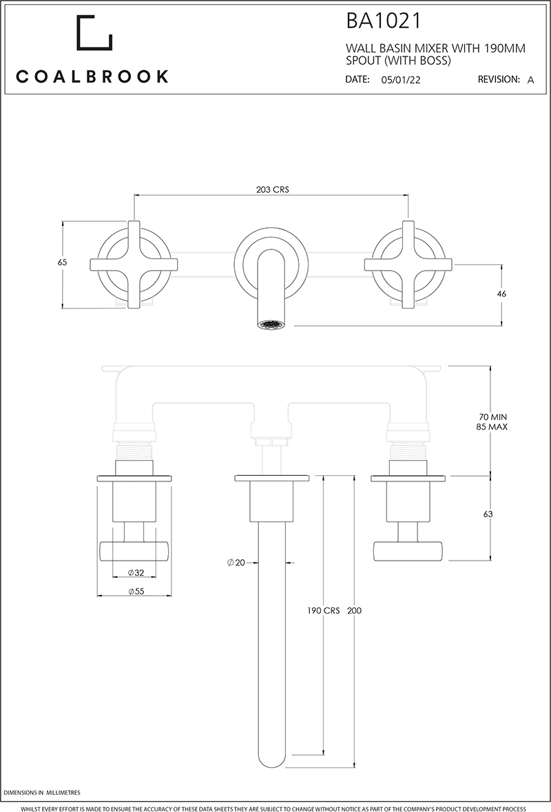 Coalbrook Bank 3TH Wall Mounted Basin Mixer with Boss (190mm Spout) BA1021