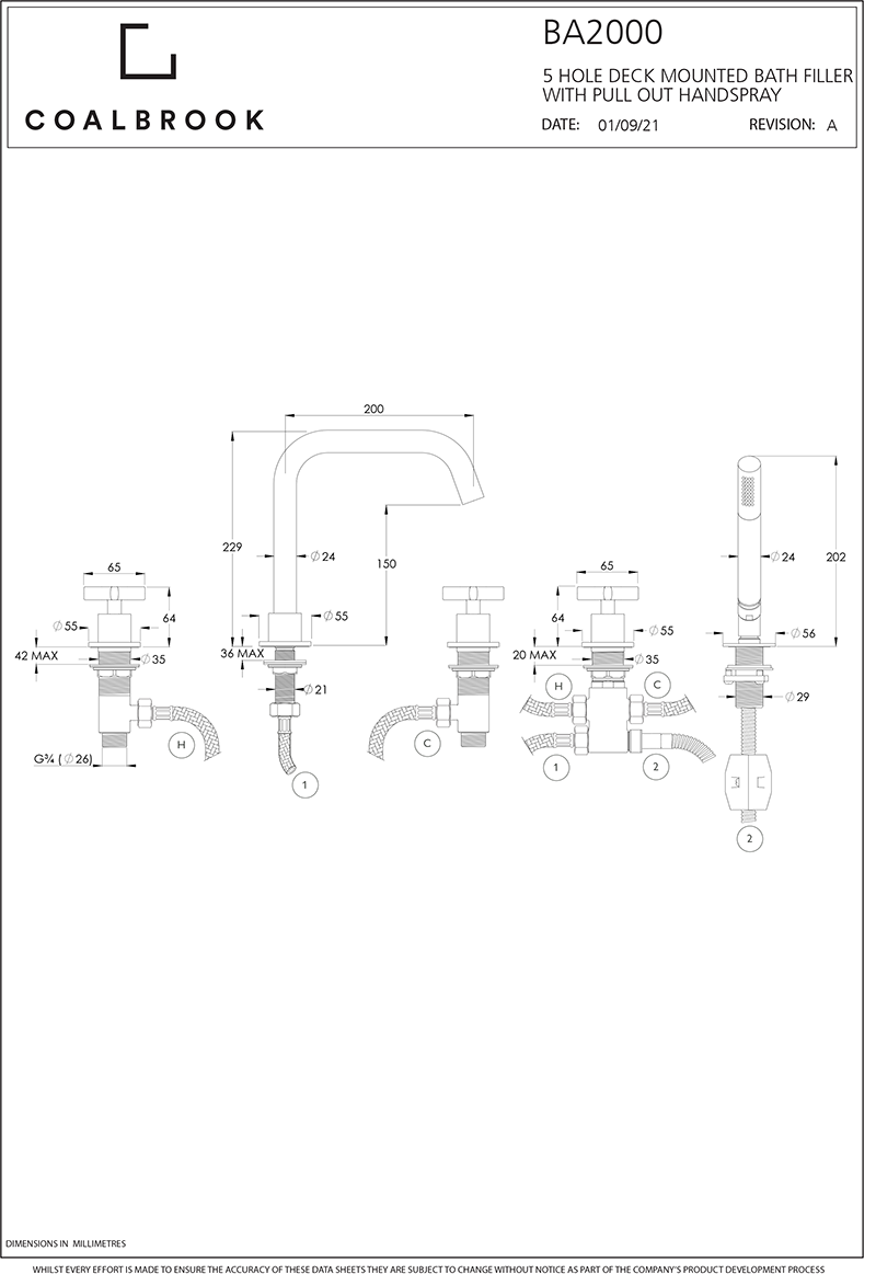 Coalbook Bank 5th Deck Mounted Bath Filler Swivel Spout with Pull Out Handspray BA2000 ( 4 Colours Available )