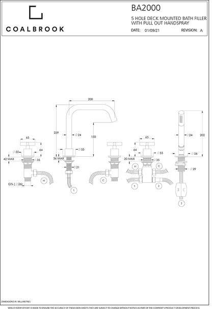 Coalbook Bank 5th Deck Mounted Bath Filler Swivel Spout with Pull Out Handspray BA2000 ( 4 Colours Available )