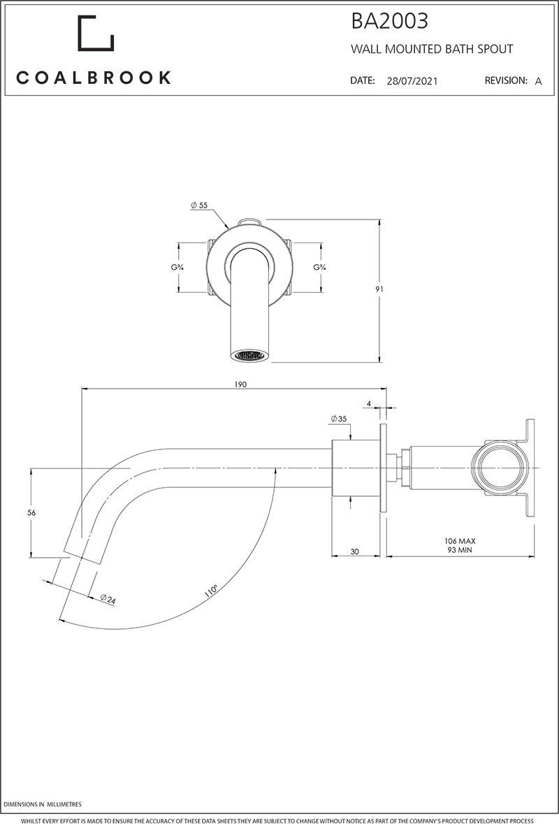 Coalbook Bank Wall Mounted Bath Sprout with Boss includes Rough BA2003 ( 4 Colours Available )