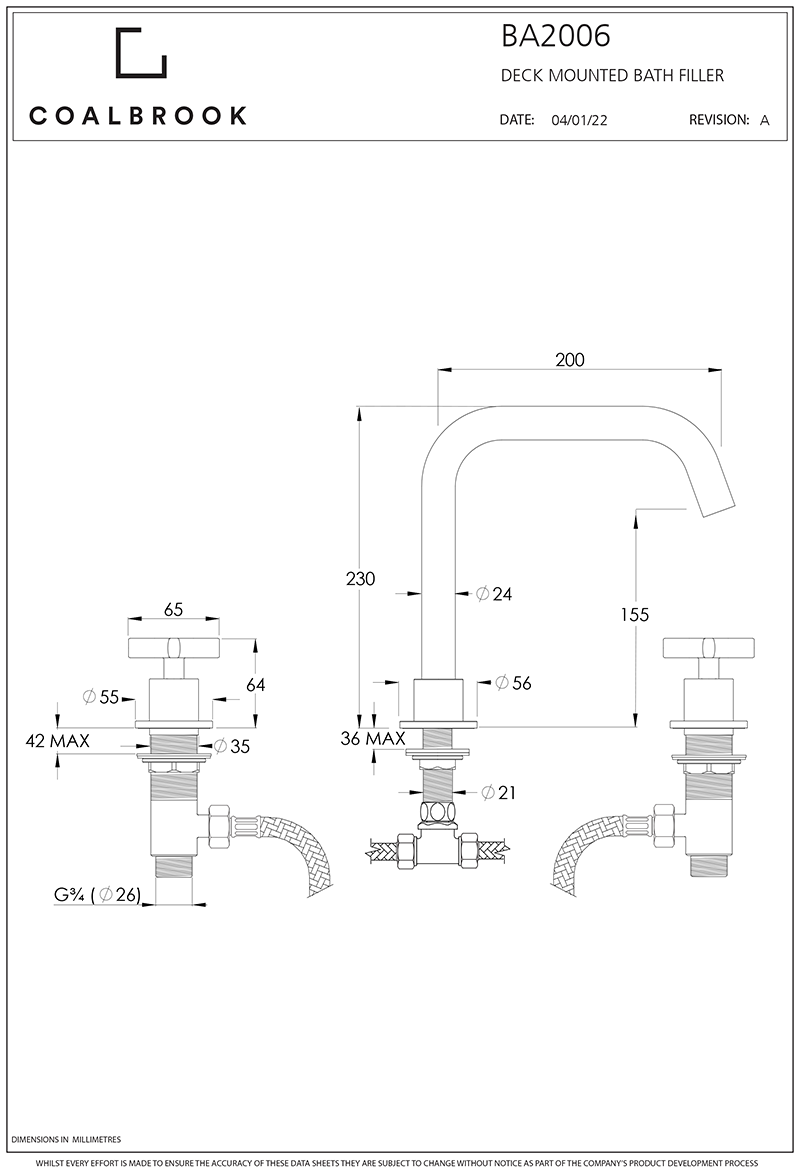 Coalbook Bank 3th Deck Mounted Angled Swivel Spout Bath Filler BA2006 drawing