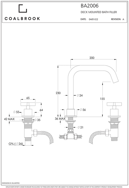 Coalbook Bank 3th Deck Mounted Angled Swivel Spout Bath Filler BA2006 drawing