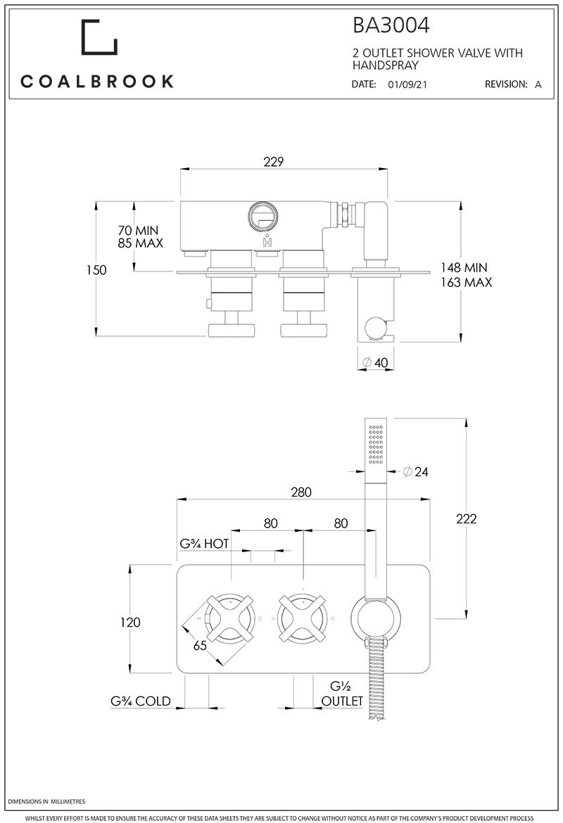 Coalbook Bank 2 Outlet Shower Value with Handspray includes Rough BA3101 drawing