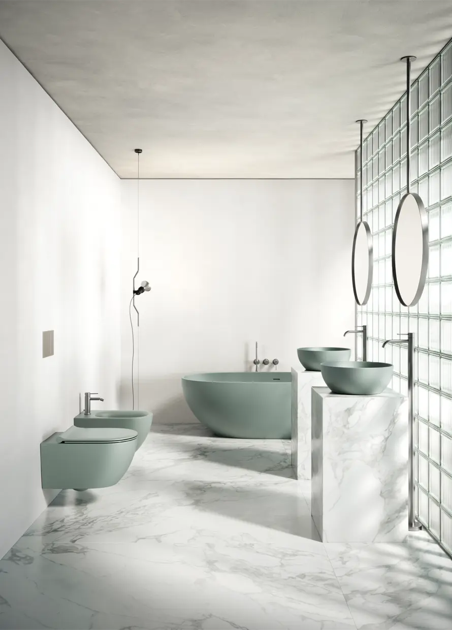 Catalano Sfera 55 Wall-Hung Rimless Toilet Up-Fix in satin acqua, Catalano photography