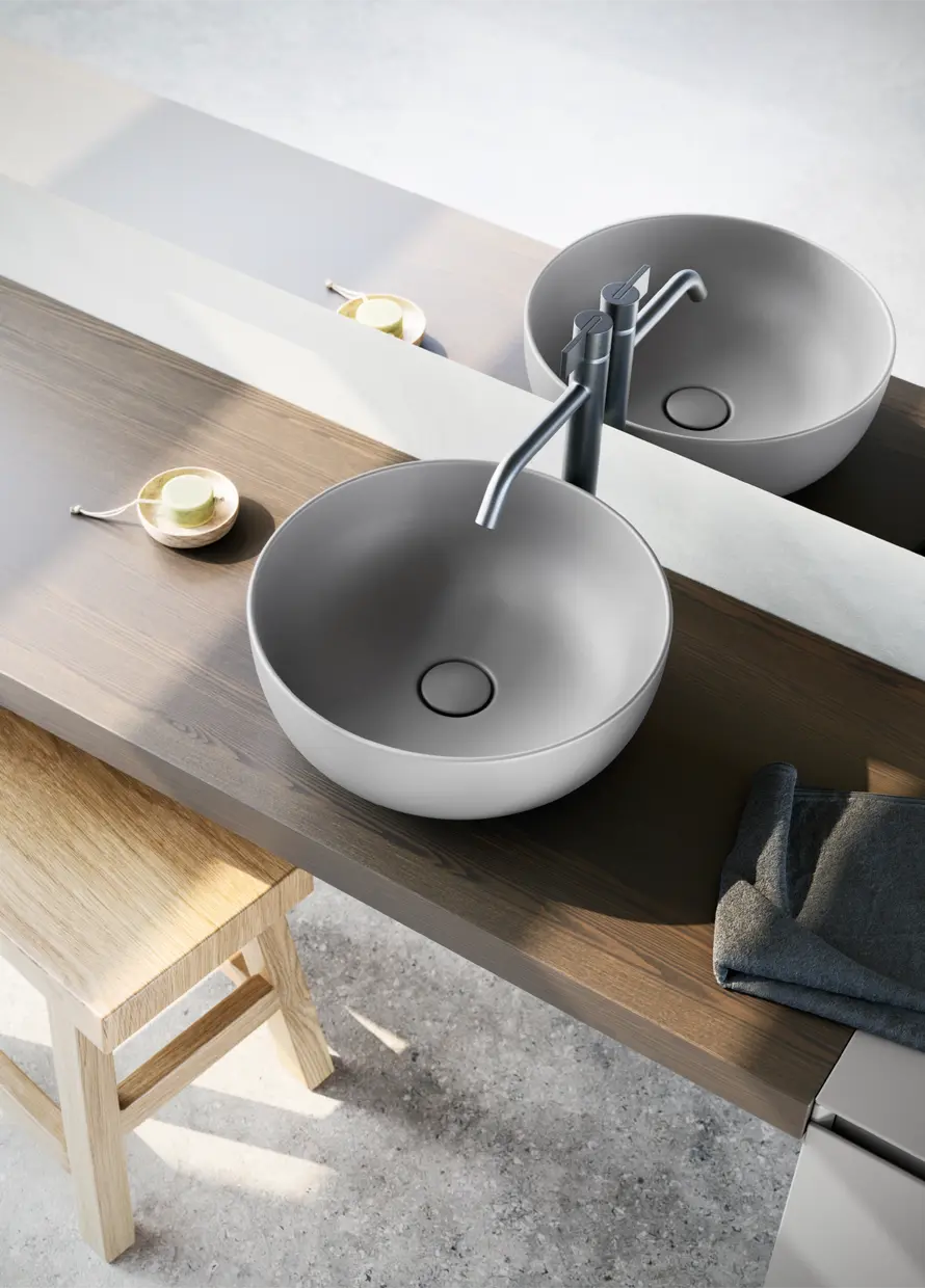 Catalano Sfera Ø42 Round Countertop Basin, 16cm High in satin cement, Catalano photography