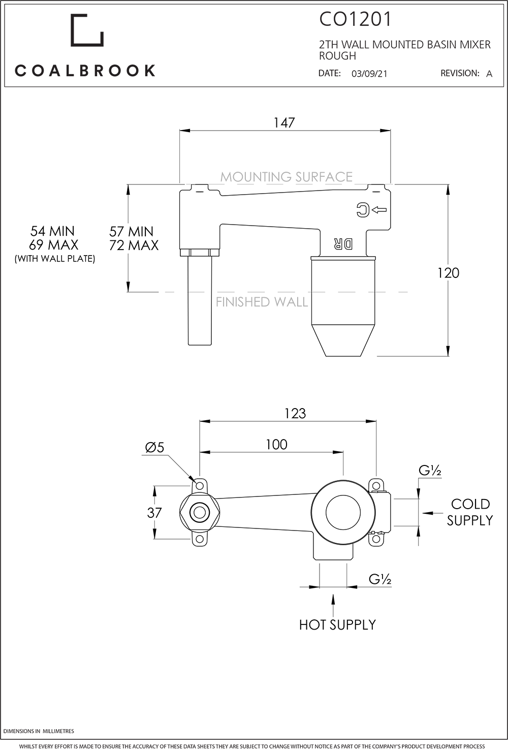 Coalbook Domo 2TH Wall Mounted Basin Mixer DO1007 ( 4 Colours Available )