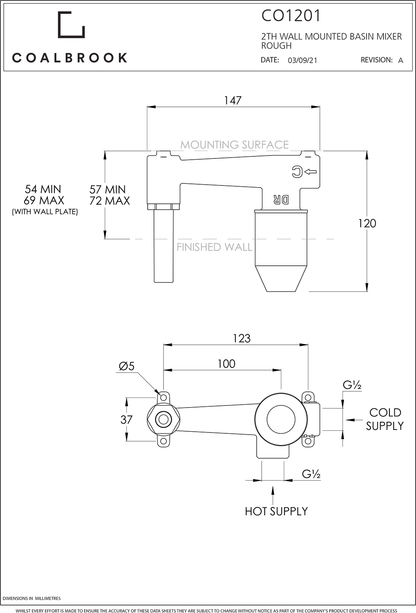 Coalbook Domo 2TH Wall Mounted Basin Mixer DO1007 ( 4 Colours Available )