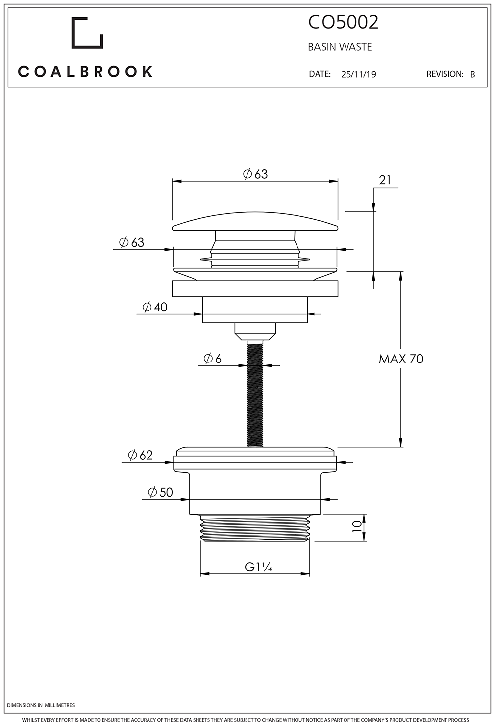 Coalbook Domo Basin Waste - Click Clack, Slotted or Unslotted, Freeflow CO5002 drawing