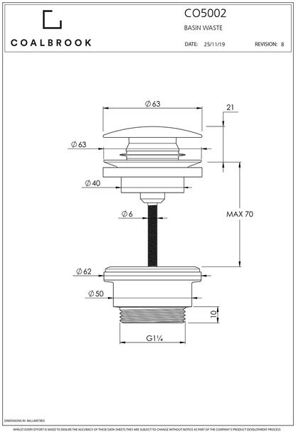 Coalbook Domo Basin Waste - Click Clack, Slotted or Unslotted, Freeflow CO5002 drawing