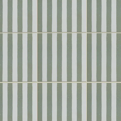 Pattern of green and white vertical stripes on a tiled background