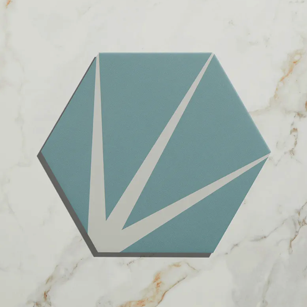 Hexagonal tile with geometric design on a marble background