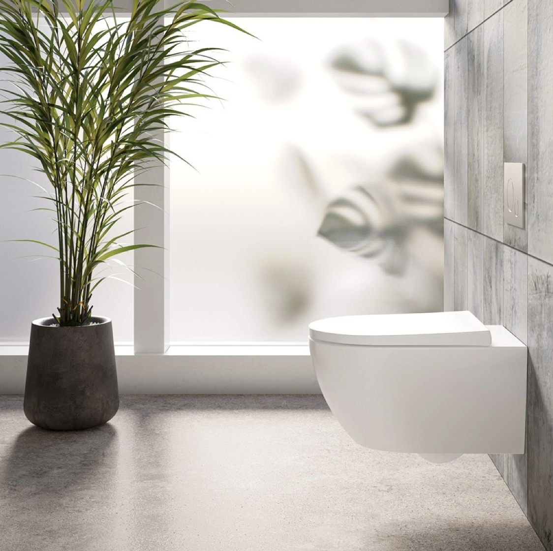 Modern bathroom with a plant and a white toilet.