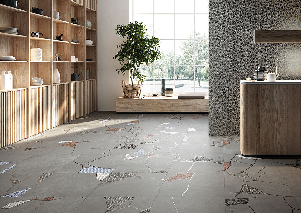 Fioranese Kintsugi Japan Black 20x20 with Japan-Hibi Storm 60x60 lifestyle