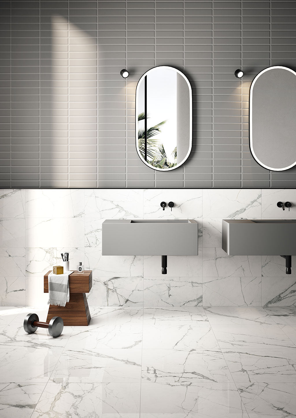 Fioranese Marmorea Intensa Bianco Luce with Vague Grey brick bathroom lifestyle