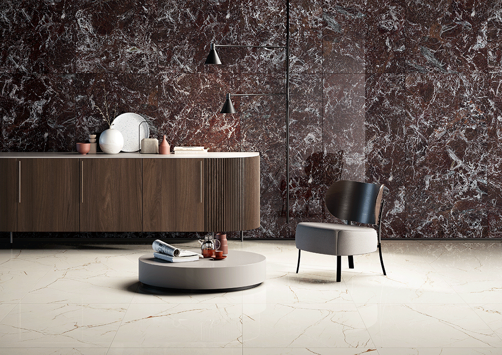 Fioranese Marmorea Intensa Rosso Levanto with Venato Caramel kitchen lifestyle