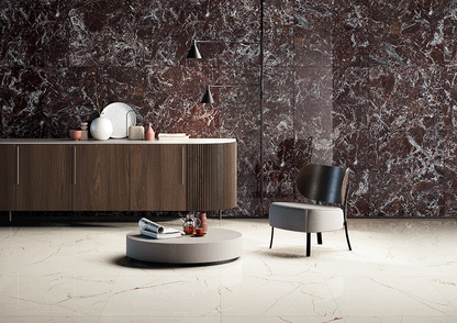 Fioranese Marmorea Intensa Rosso Levanto with Venato Caramel kitchen lifestyle