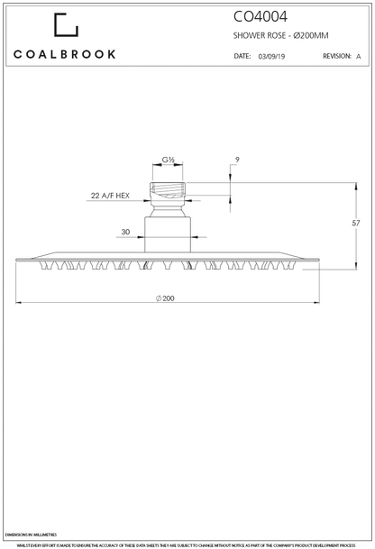 Coalbook 200mm Shower Head CO4004 ( 4 Colours Available ) spec