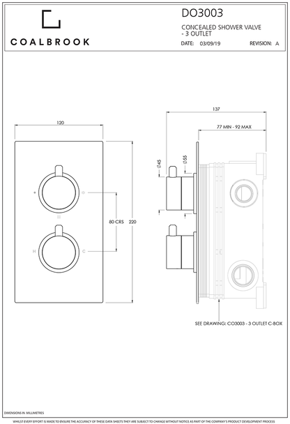 Concealed Shower Valve Trimset 1 Outlet DO3001 including C-Box CO3001 Dimensions