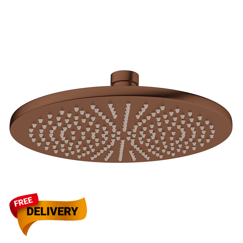 Bronze shower head with decorative pattern on a white background, featuring a 'Free Delivery' badge.