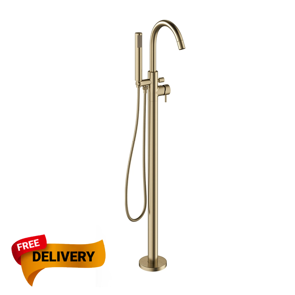Gold freestanding bathtub faucet with handheld shower on a white background, featuring a 'Free Delivery' banner.