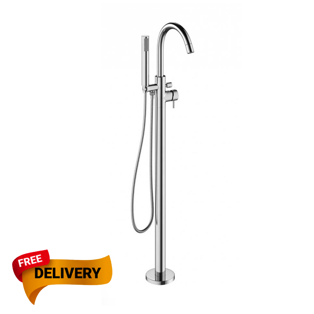 Chrome freestanding bathtub faucet with handheld shower on a white background, featuring a 'Free Delivery' banner.
