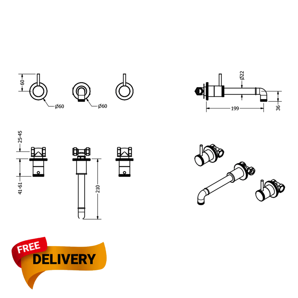 Crosswater MPRO Industrial 3 Hole Wall Mounted Basin Mixer Tap dimensions
