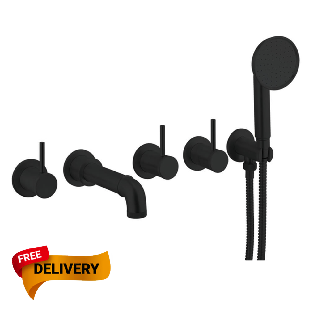 Crosswater MPRO Industrial 5 Hole Wall Mounted Bath Filler Tap with Spout & Handset  black