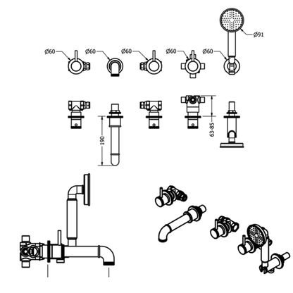 Crosswater MPRO Industrial 5 Hole Wall Mounted Bath Filler Tap with Spout & Handset  dim