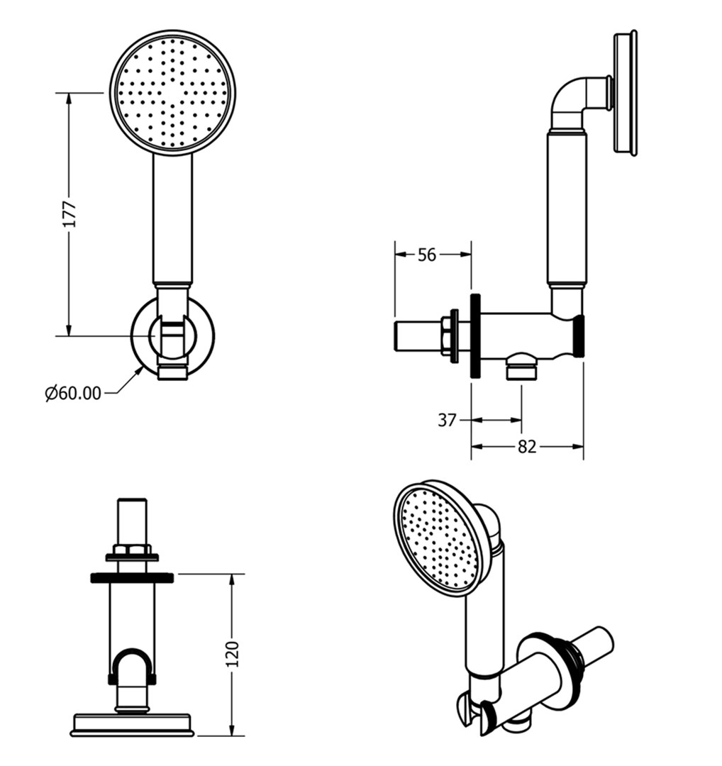 Crosswater MPRO Industrial Wall Outlet, Shower Handset & Hose dimensions