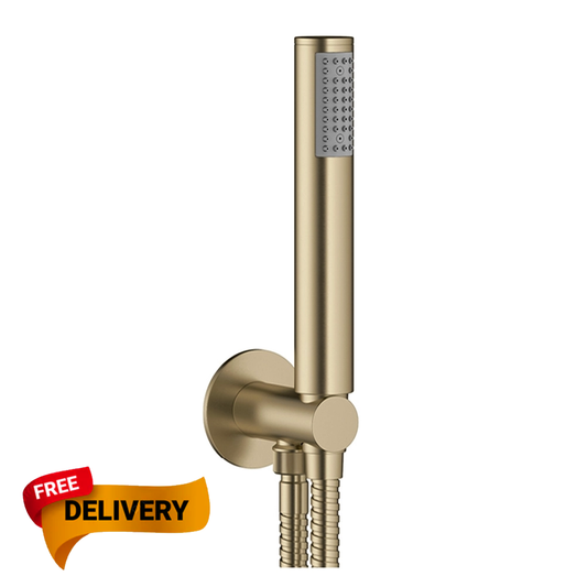 Gold shower head and control handle with free delivery text on a white background