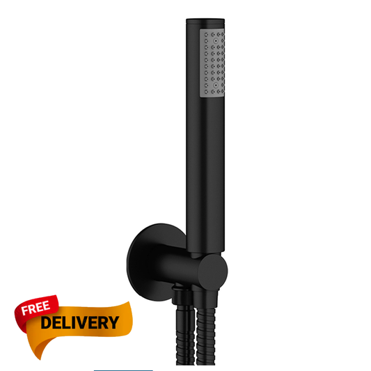Black shower head with handheld shower on a white background, featuring a 'Free Delivery' label.