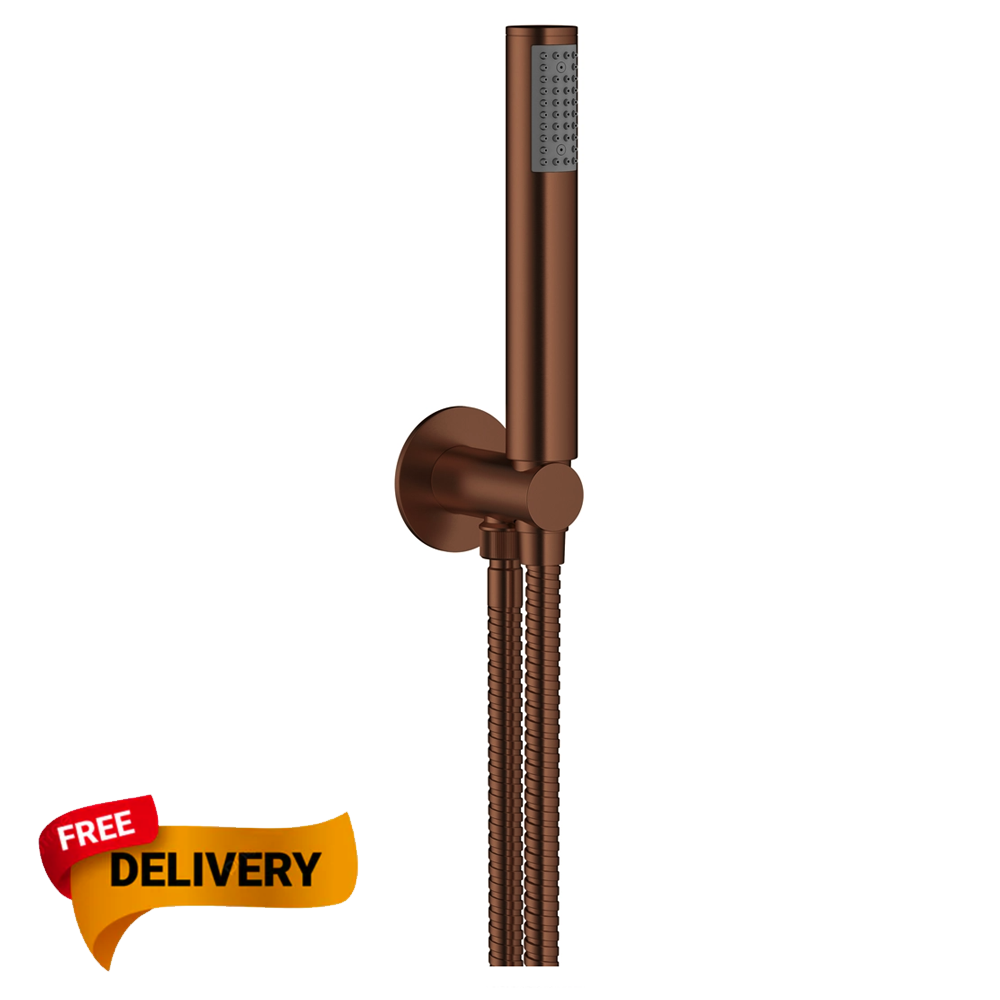 Bronze shower handle with hose on a white background, featuring a 'Free Delivery' banner.