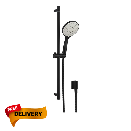 Black shower set with handheld shower head and control handle on a white background, featuring 'Free Delivery' text.