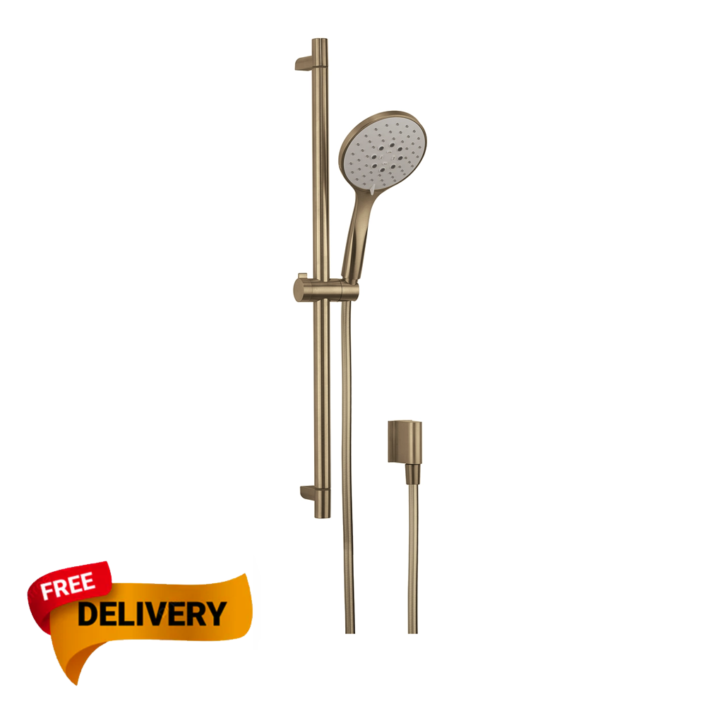 Bronze shower set with handheld shower head and control handle on a white background, featuring a 'Free Delivery' label.
