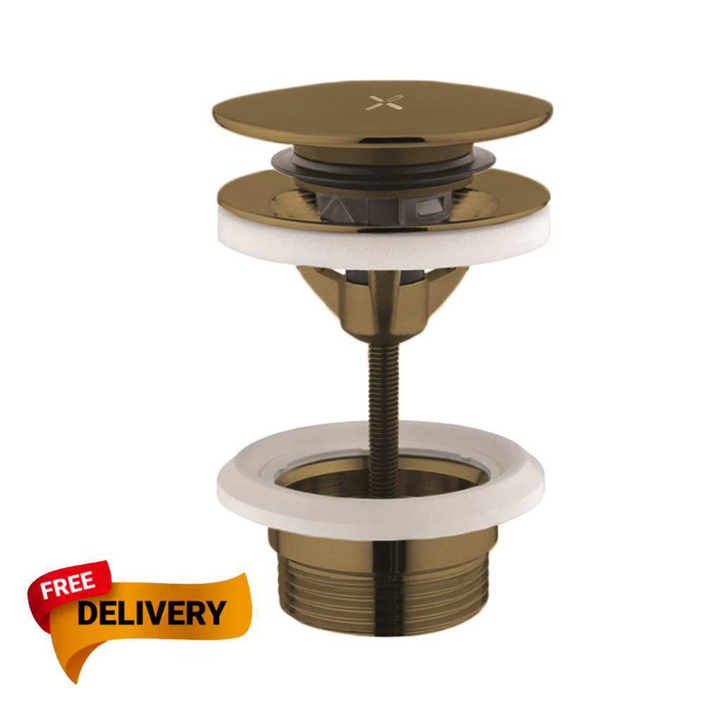 Bronze sink drain assembly with free delivery label on a white background