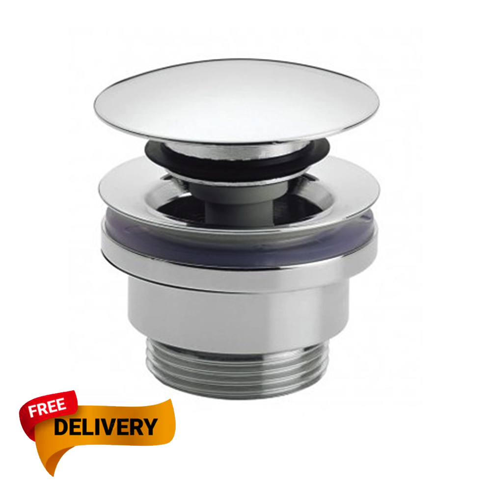 Chrome sink drain assembly with free delivery badge on a white background