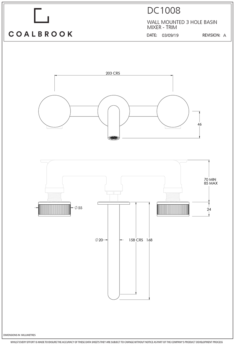 Coalbook Decca 3TH Wall Mounted Basin Mixer (165mm Spout) DC1008 includes Rough drawing