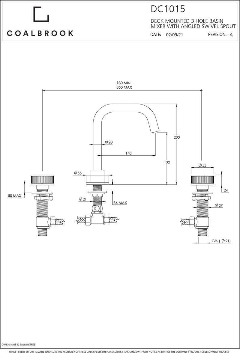  Coalbook Decca 3TH Deck Mounted Basin Mixer Angled Swivel Spout DC1015 drawing