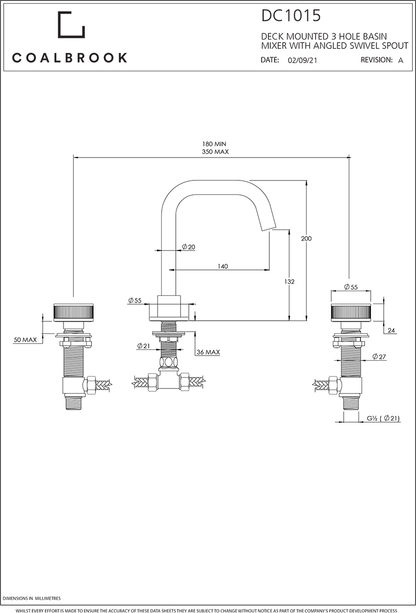  Coalbook Decca 3TH Deck Mounted Basin Mixer Angled Swivel Spout DC1015 drawing