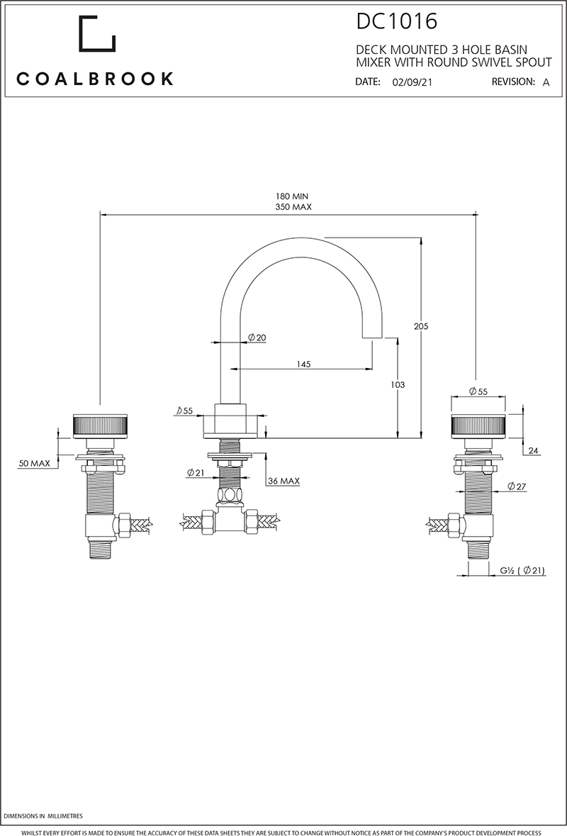 Coalbook Decca 3TH Deck Mounted Basin Mixer Round Swivel Spout DC1016 drawing