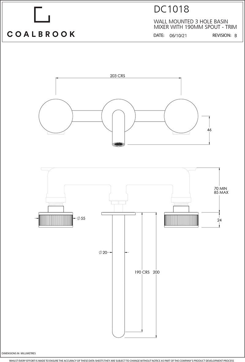 Coalbook Decca 3TH Wall Mounted Basin Mixer with Boss (165mm Spout) DC1018 includes Rough drawing