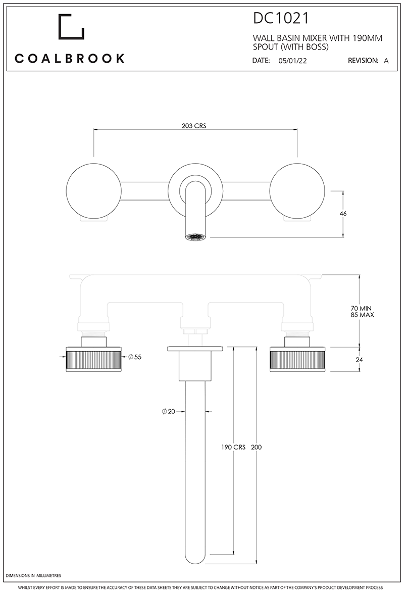 Coalbook Decca 3TH Wall Mounted Basin Mixer with Boss (190mm Spout) DC1021 includes Rough drawing 2