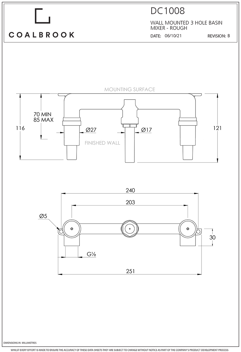 Coalbook Decca 3TH Wall Mounted Basin Mixer with Boss (190mm Spout) DC1021 includes Rough drawing