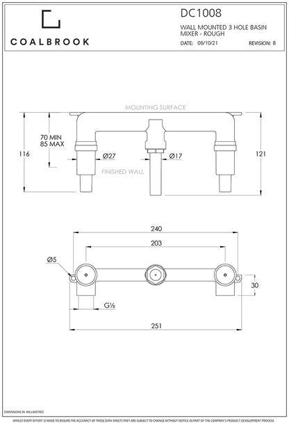 Coalbook Decca 3TH Wall Mounted Basin Mixer with Boss (190mm Spout) DC1021 includes Rough drawing