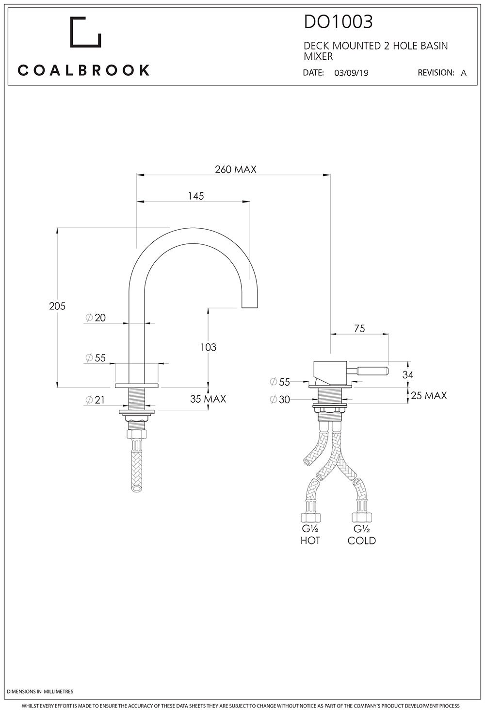 Coalbook Domo 2TH Deck Mounted Basin Mixer Fixed Spout DO1003