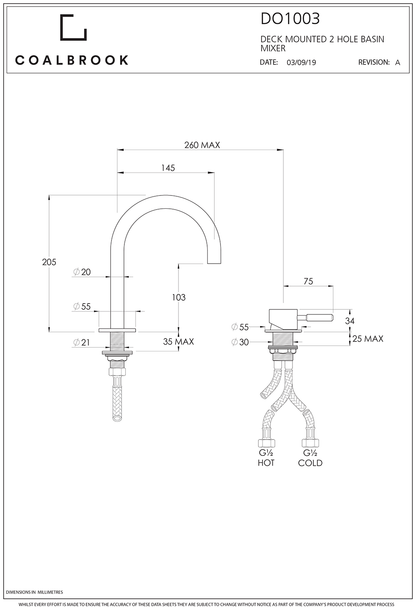 Coalbook Domo 2TH Deck Mounted Basin Mixer Fixed Spout DO1003