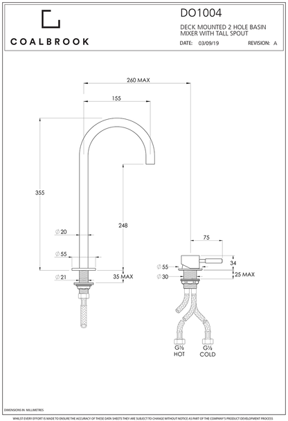 Coalbook Decca 2TH Deck Mounted Basin Mixer Fixed Tall Spout DC1004 drawing