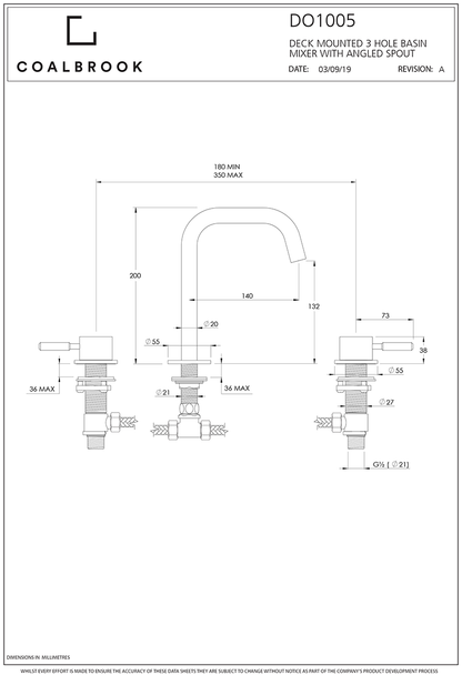 Coalbook Domo 3TH Deck Mounted Basin Mixer Angled Fixed Spout DO1005 ( 4 Colours Available )