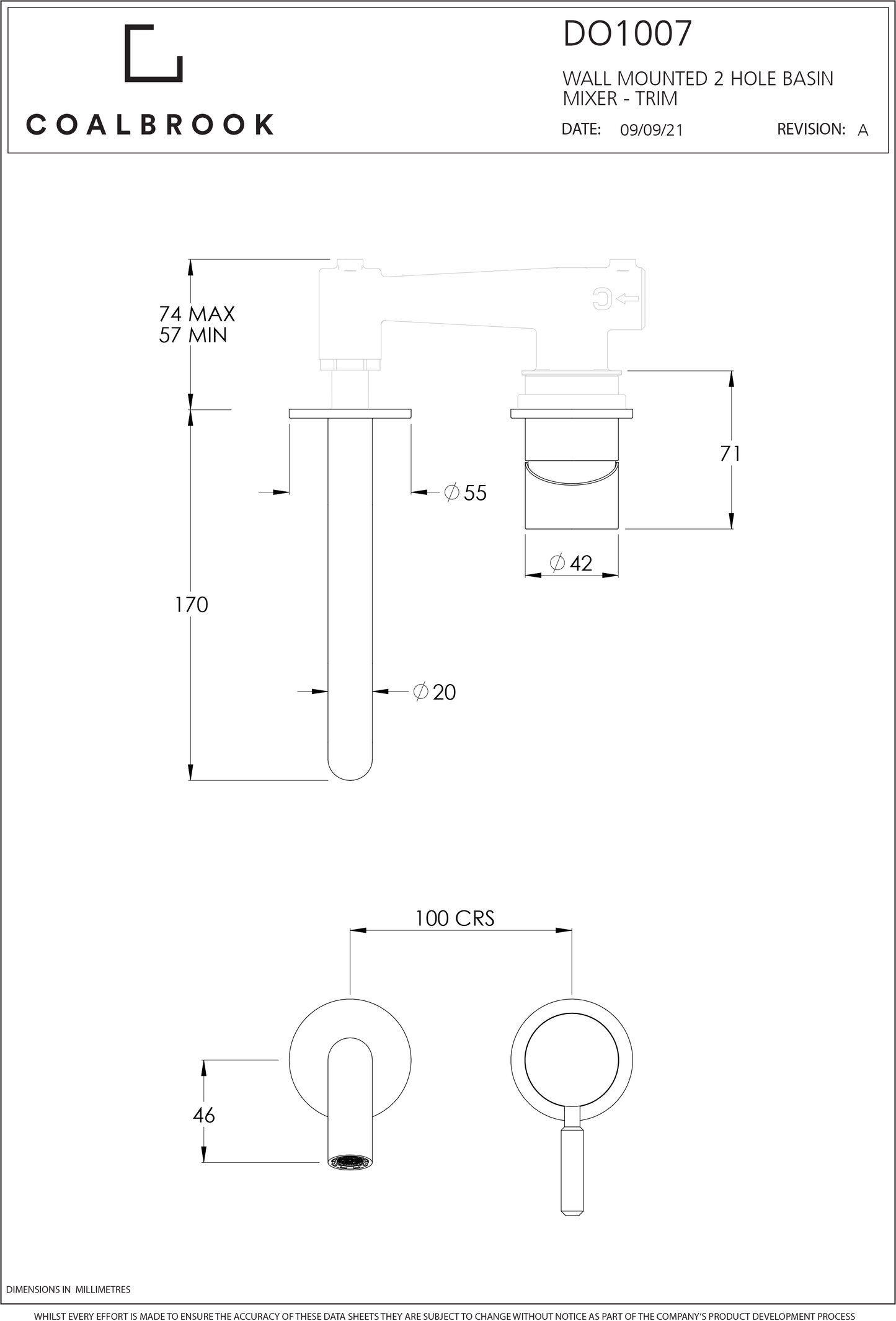 Coalbook Domo 2TH Wall Mounted Basin Mixer DO1007 drawing